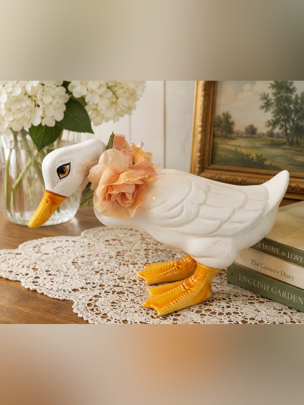 Vintage Eva H Pottery Ceramic Duck Figurine White Yellow Floral Accent 11”